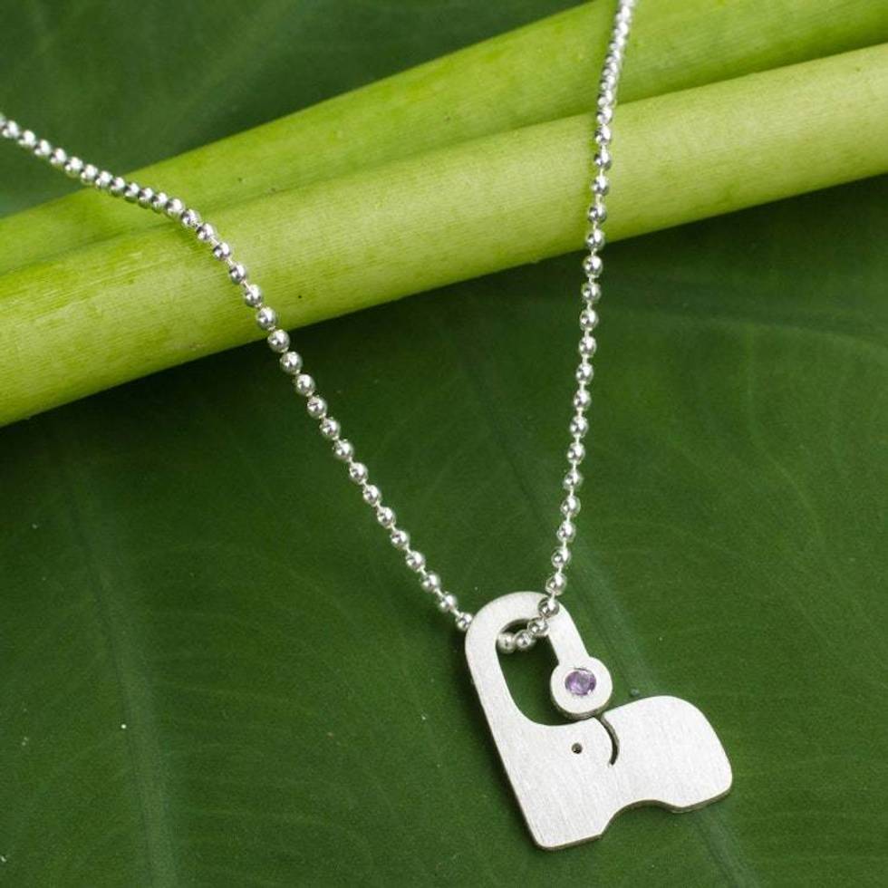 Brushed Sterling Silver and Amethyst Elephant Necklace 'Playful Elephant'