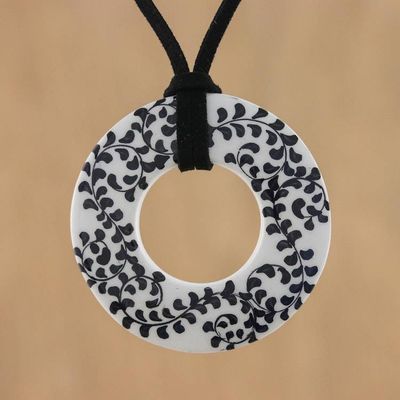 Primary image for Ceramic Handmade Black and White Floral Pendant Necklace Fern Scrolls