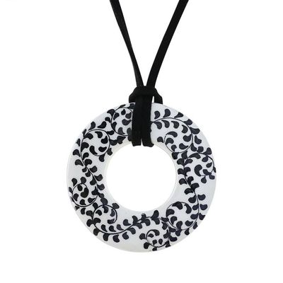 Alternate image for Ceramic Handmade Black and White Floral Pendant Necklace Fern Scrolls