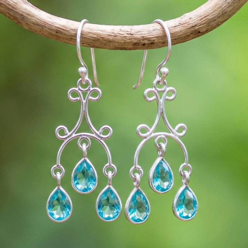 Natural Pear Green Quartz Chandelier Earrings with 2 Carats 'Aqua Angel'