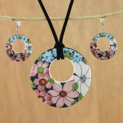Primary image for Ceramic Floral Pendant Necklace and Earrings Jewelry Set Harmonies and Blooms