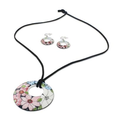 Alternate image for Ceramic Floral Pendant Necklace and Earrings Jewelry Set Harmonies and Blooms