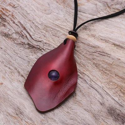 Alternate image for Mens Amethyst and Leather Pendant Necklace in Red Thai Cowboy in Red