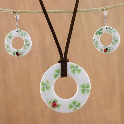 Primary image for Ceramic White Ladybug Pendant Necklace Dangle Earrings Set Humming Ladybug