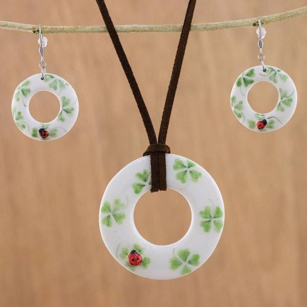 Ceramic White Ladybug Pendant Necklace Dangle Earrings Set 'Humming Ladybug'
