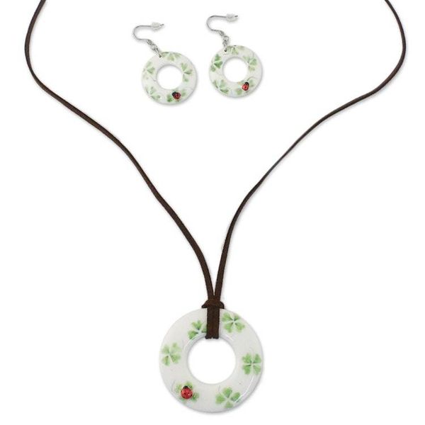 Alternate image for Ceramic White Ladybug Pendant Necklace Dangle Earrings Set Humming Ladybug