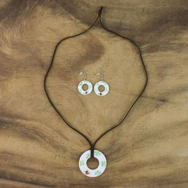 Alternate image for Ceramic White Ladybug Pendant Necklace Dangle Earrings Set Humming Ladybug