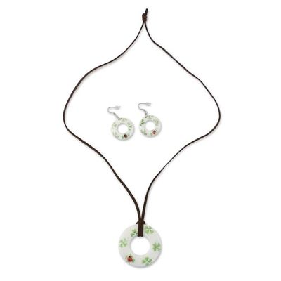 Alternate image for Ceramic White Ladybug Pendant Necklace Dangle Earrings Set Humming Ladybug