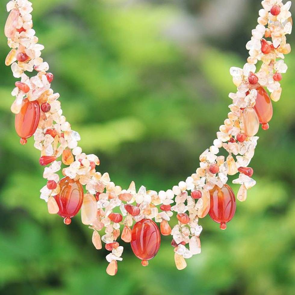 Thai Carnelian and Quartz Beaded Necklace 'Sea Candy in Orange'