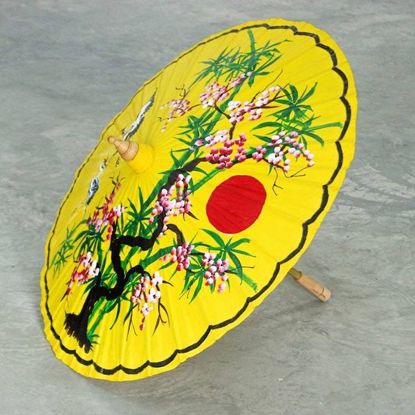 Alternate image for Thai-Made Hand-Painted Crane-Themed Yellow Cotton Parasol Peace Cranes in Yellow
