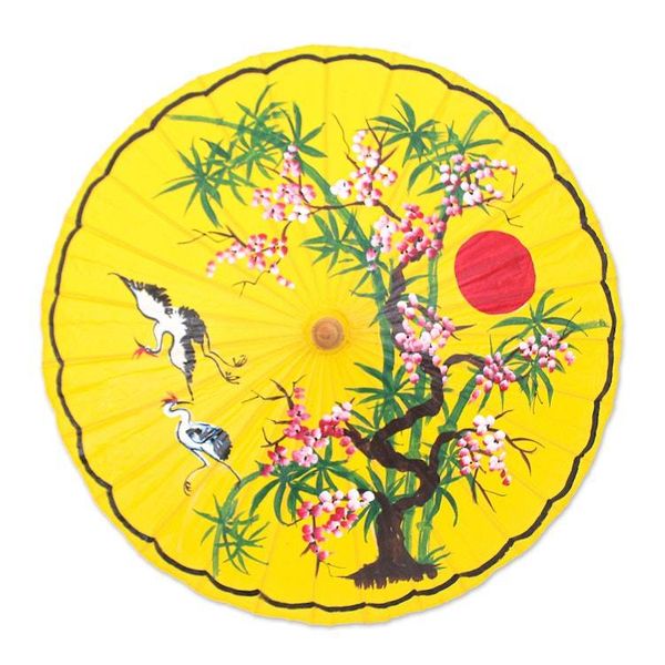 Alternate image for Thai-Made Hand-Painted Crane-Themed Yellow Cotton Parasol Peace Cranes in Yellow