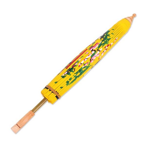 Alternate image for Thai-Made Hand-Painted Crane-Themed Yellow Cotton Parasol Peace Cranes in Yellow