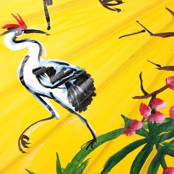 Alternate image for Thai-Made Hand-Painted Crane-Themed Yellow Cotton Parasol Peace Cranes in Yellow