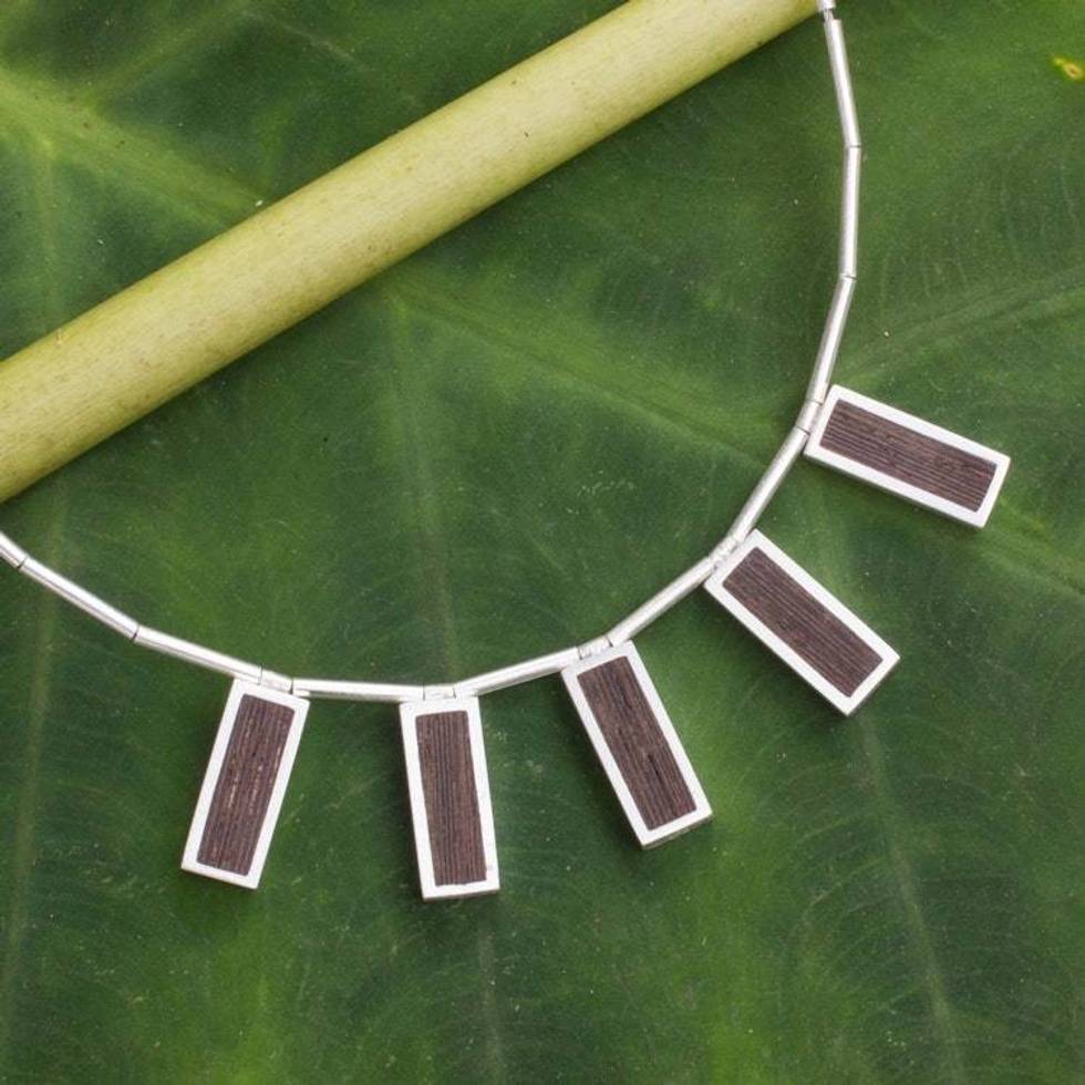 Thai Silver Necklace with Dark Wood Insets 'Natural Minimalism'