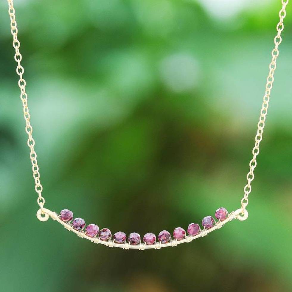 Gold Plated Sterling Silver Garnet Bar Necklace 'Golden Arc in Red'