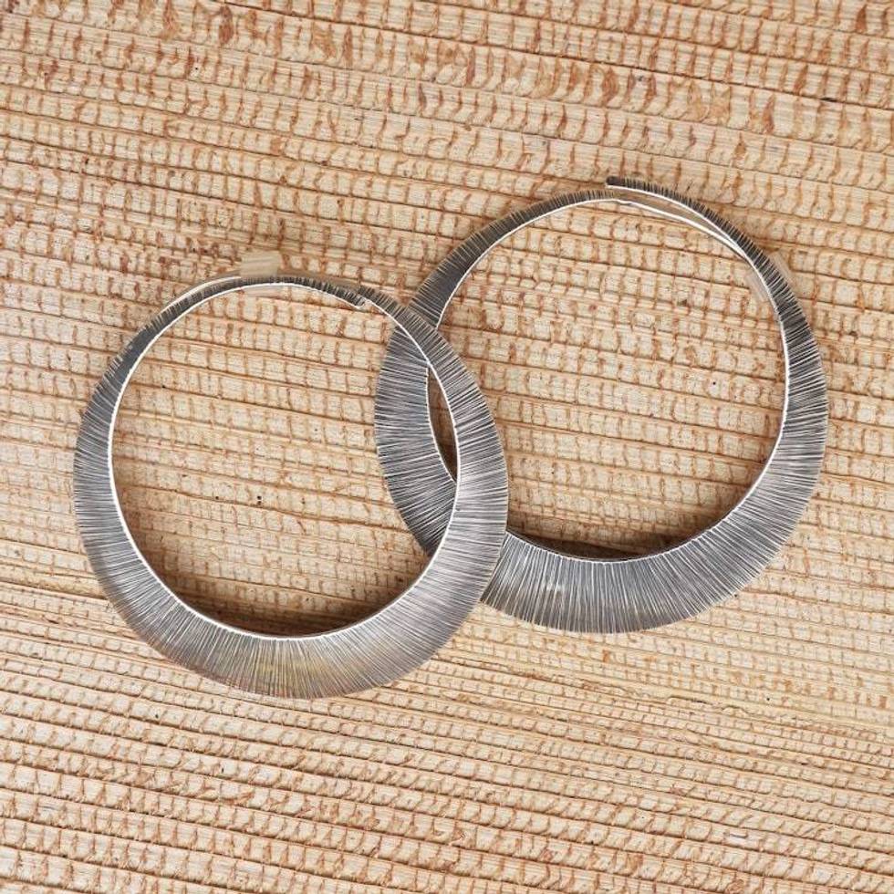 Sterling Silver Antique-Finish Hoop Earrings 'Narrow Eclipse'
