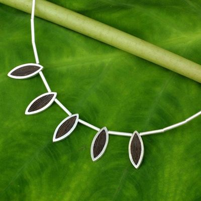 Primary image for Thai Sterling Silver Necklace with Dark Wood Insets Elegant Minimalism