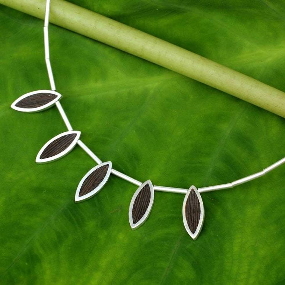 Thai Sterling Silver Necklace with Dark Wood Insets 'Elegant Minimalism'
