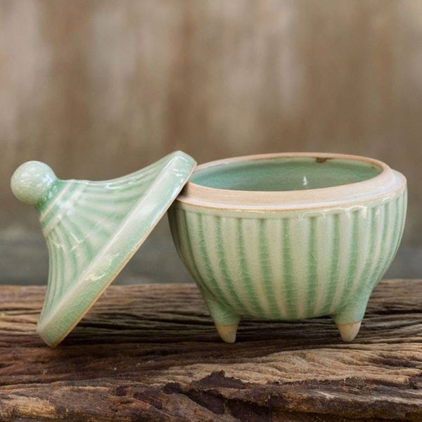 Alternate image for Handcrafted Green Thai Celadon Jar and Lid Temple Spire
