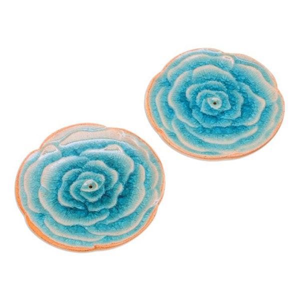Alternate image for Handcrafted Rose-Shaped Blue Ceramic Incense Holders Pair Dear Blue