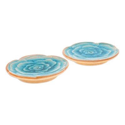 Alternate image for Handcrafted Rose-Shaped Blue Ceramic Incense Holders Pair Dear Blue