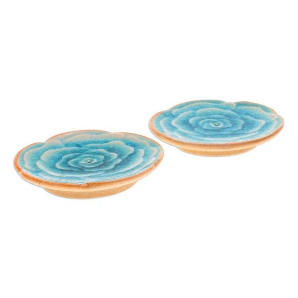 Alternate image for Handcrafted Rose-Shaped Blue Ceramic Incense Holders Pair Dear Blue