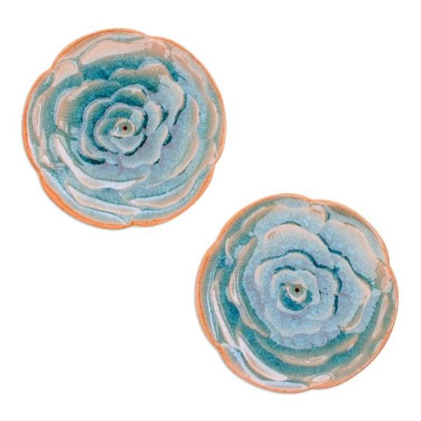 Alternate image for Handcrafted Rose-Shaped Blue Ceramic Incense Holders Pair Dear Blue