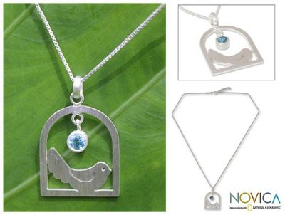 Alternate image for Hand Crafted Sterling Silver and Blue Topaz Necklace Happy Bird