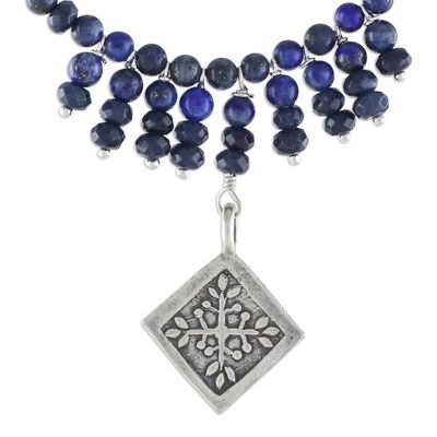 Alternate image for Blue Lapis and Quartz Necklace with 950 Silver Pendant Hill Tribe Snowflake