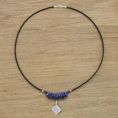 Alternate image for Blue Lapis and Quartz Necklace with 950 Silver Pendant Hill Tribe Snowflake