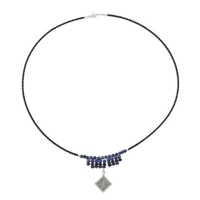 Alternate image for Blue Lapis and Quartz Necklace with 950 Silver Pendant Hill Tribe Snowflake