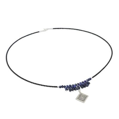 Alternate image for Blue Lapis and Quartz Necklace with 950 Silver Pendant Hill Tribe Snowflake