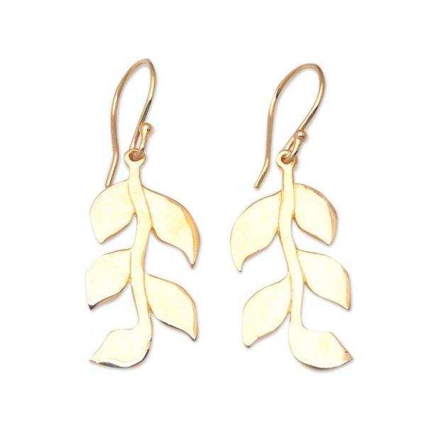 Alternate image for Leafy 18k Gold-Plated Brass Dangle Earrings Crafted in Bali Imperial Foliage