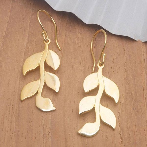 Alternate image for Leafy 18k Gold-Plated Brass Dangle Earrings Crafted in Bali Imperial Foliage