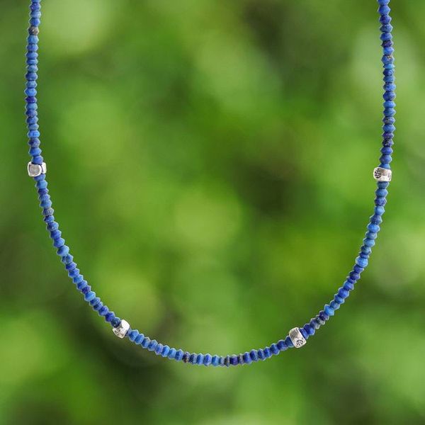 Alternate image for Hill Tribe Silver Lapis Lazuli Beaded Choker Strand Necklace Enchanting Blue