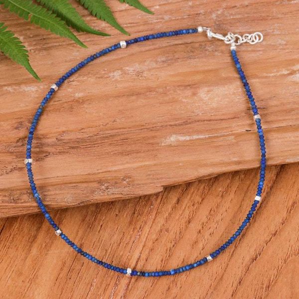 Alternate image for Hill Tribe Silver Lapis Lazuli Beaded Choker Strand Necklace Enchanting Blue