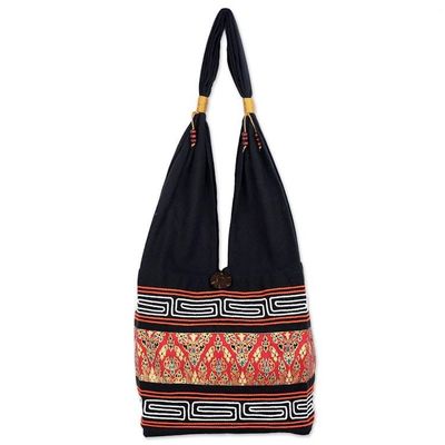 Alternate image for Red and Black Cotton Blend Shoulder Bag from Thailand Charming Thai in Red