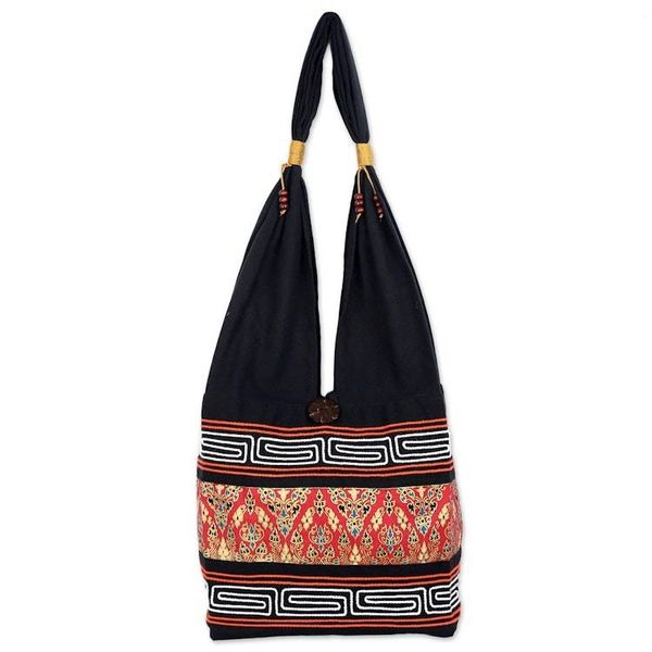 Alternate image for Red and Black Cotton Blend Shoulder Bag from Thailand Charming Thai in Red