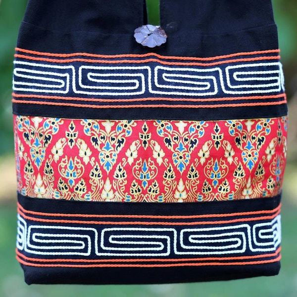 Alternate image for Red and Black Cotton Blend Shoulder Bag from Thailand Charming Thai in Red