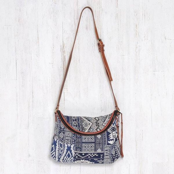 Alternate image for Leather Accented Patchwork Cotton Blend Sling from Thailand Lanna Patchwork
