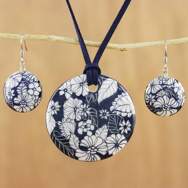 Alternate image for Handmade Blue Floral Ceramic Necklace and Earring Set Blue Foliage