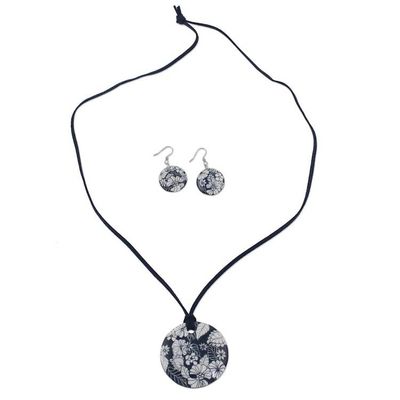 Alternate image for Handmade Blue Floral Ceramic Necklace and Earring Set Blue Foliage
