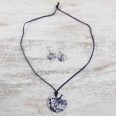 Alternate image for Handmade Blue Floral Ceramic Necklace and Earring Set Blue Foliage