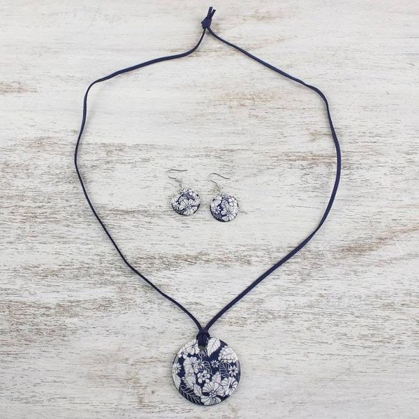 Alternate image for Handmade Blue Floral Ceramic Necklace and Earring Set Blue Foliage