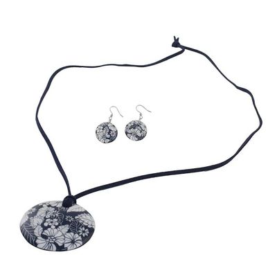 Alternate image for Handmade Blue Floral Ceramic Necklace and Earring Set Blue Foliage