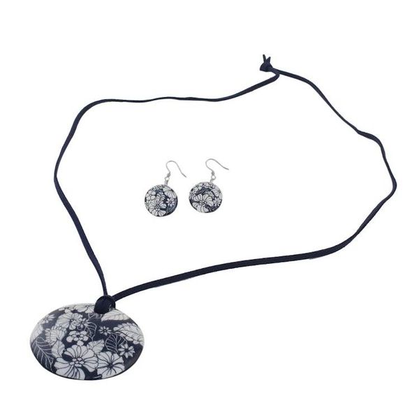 Alternate image for Handmade Blue Floral Ceramic Necklace and Earring Set Blue Foliage