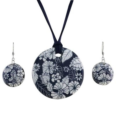 Alternate image for Handmade Blue Floral Ceramic Necklace and Earring Set Blue Foliage