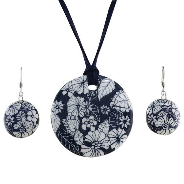 Alternate image for Handmade Blue Floral Ceramic Necklace and Earring Set Blue Foliage