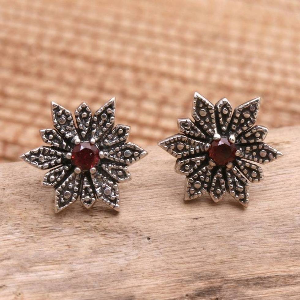 Sterling Silver and Garnet Button Earrings 'Warm Horizon'