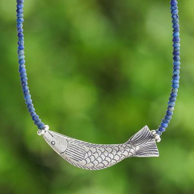 Alternate image for Lapis Lazuli Silver Beaded Fish-Themed Pendant Necklace Fish Fantasy